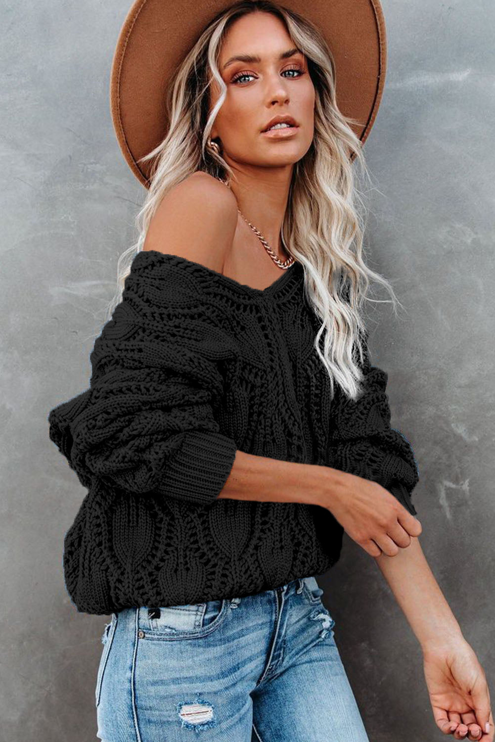 Black Crochet Knit Ribbed Hem Hollow-out Sweater Sweaters JT's Designer Fashion