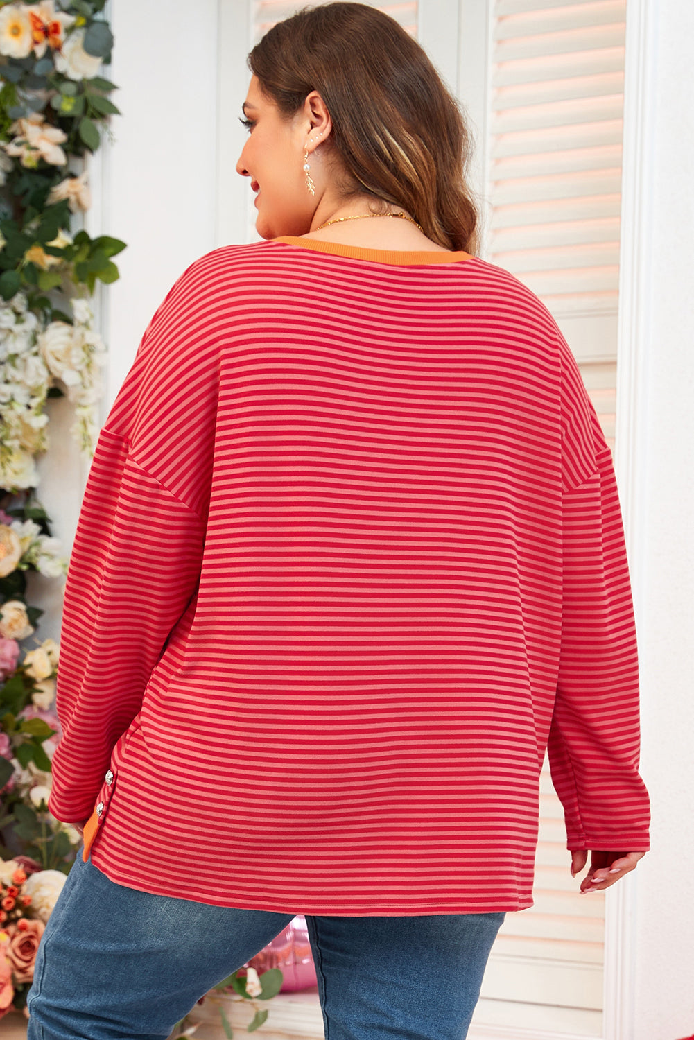 Orange Stripe Plus Size Drop Shoulder Long Sleeve Buttoned Decor Top Plus Size Long Sleeve Tops JT's Designer Fashion
