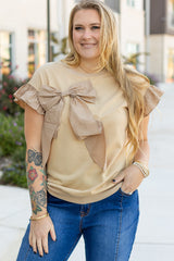 Parchment Ruffled Short Sleeve Bowknot Applique Crew Neck Plus Size Top Plus Size Blouses & Shirts JT's Designer Fashion