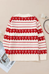 White Western Geometric Patterned Crew Neck Loose Sweater Sweaters JT's Designer Fashion