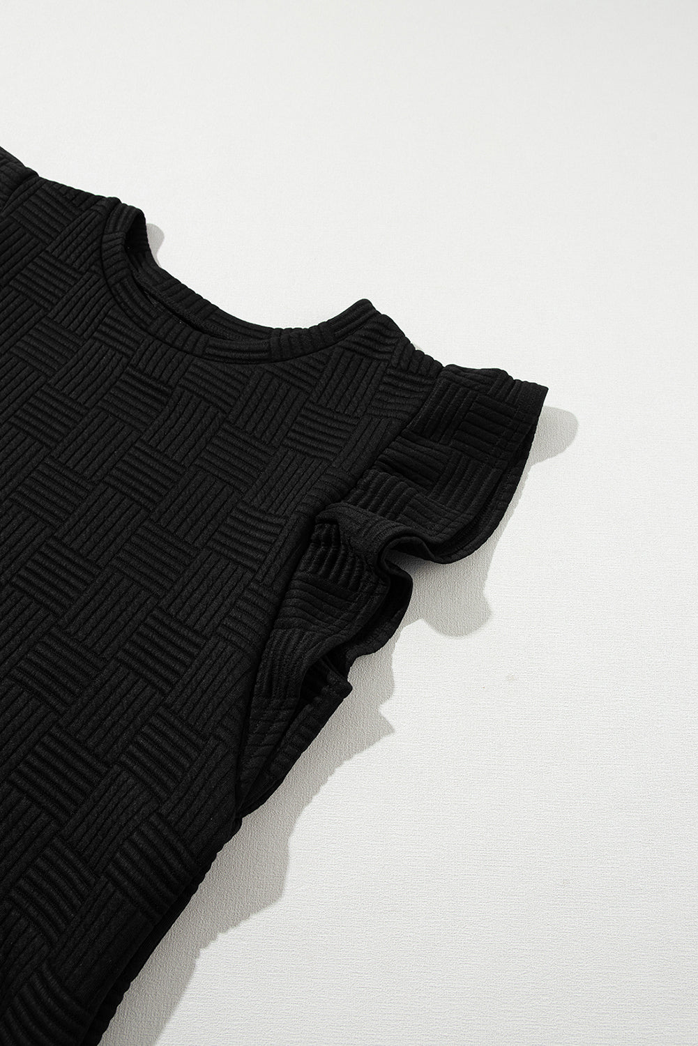 Black Textured Ruffled Sleeve Tee and Drawstring Elastic Waistband Shorts Set Short Sets JT's Designer Fashion