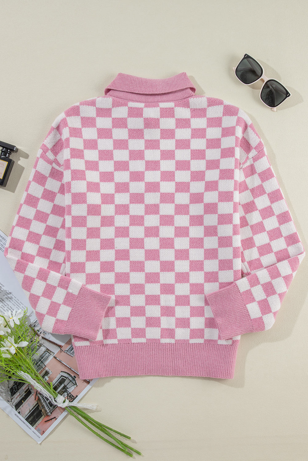 Pink Checkered Buttons Collar V Neck Drop Shoulder Sweater Sweaters JT's Designer Fashion