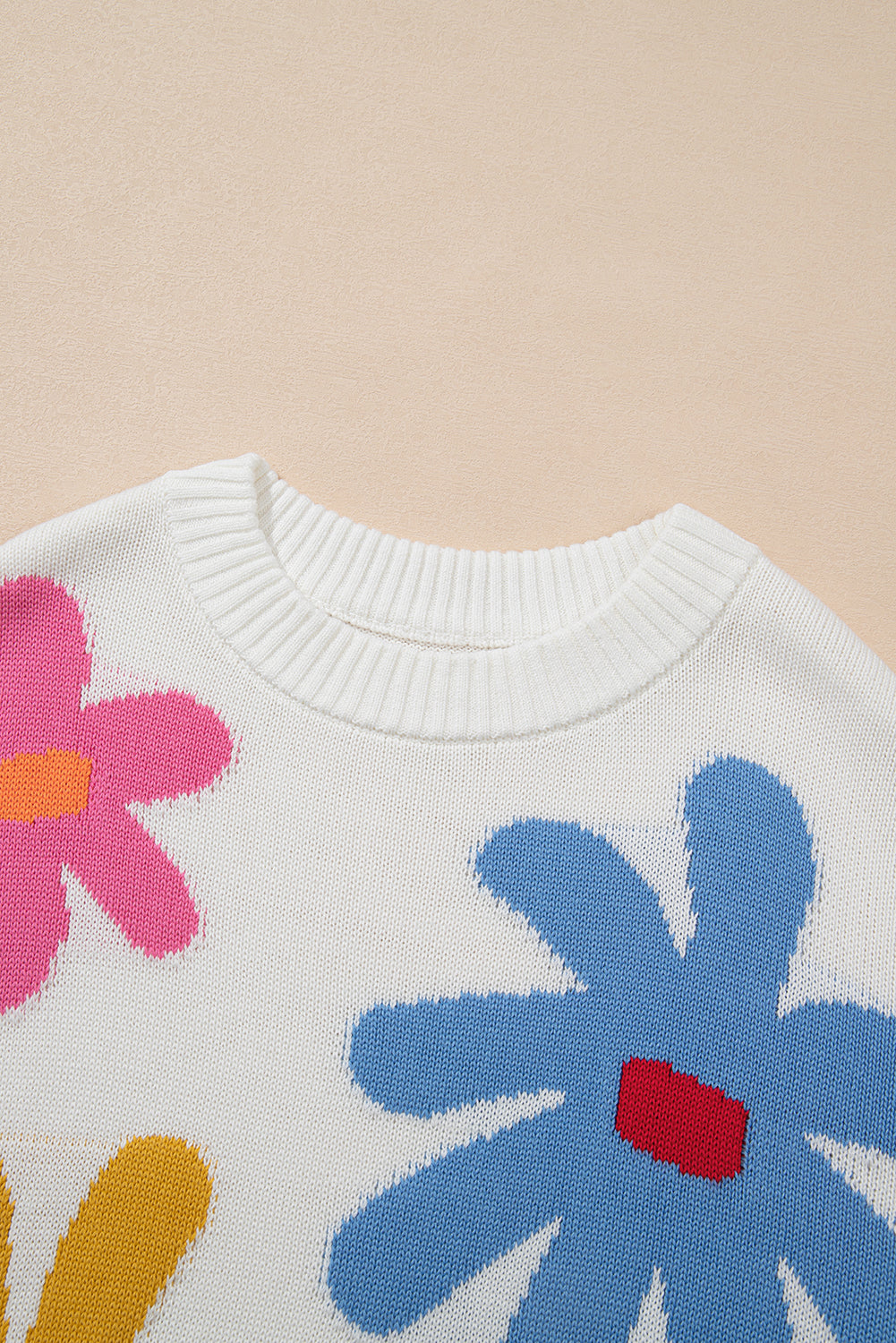 White Colorful Big Flower Pattern Crewneck Sweater Sweaters JT's Designer Fashion