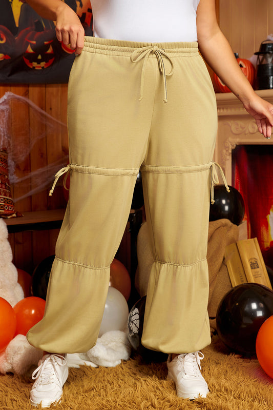 Beige Drawstring Adjusted Band High Waist Plus Size Pants Beige 65%Polyester+35%Cotton Plus Size Bottoms JT's Designer Fashion