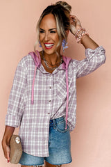 Pink Checkered Print Loose Fit Buttoned Hooded Shacket Plaid Shackets JT's Designer Fashion