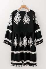Black Plus Size Western Floral Print Fringed V Neck Dress Plus Size Mini Dresses JT's Designer Fashion