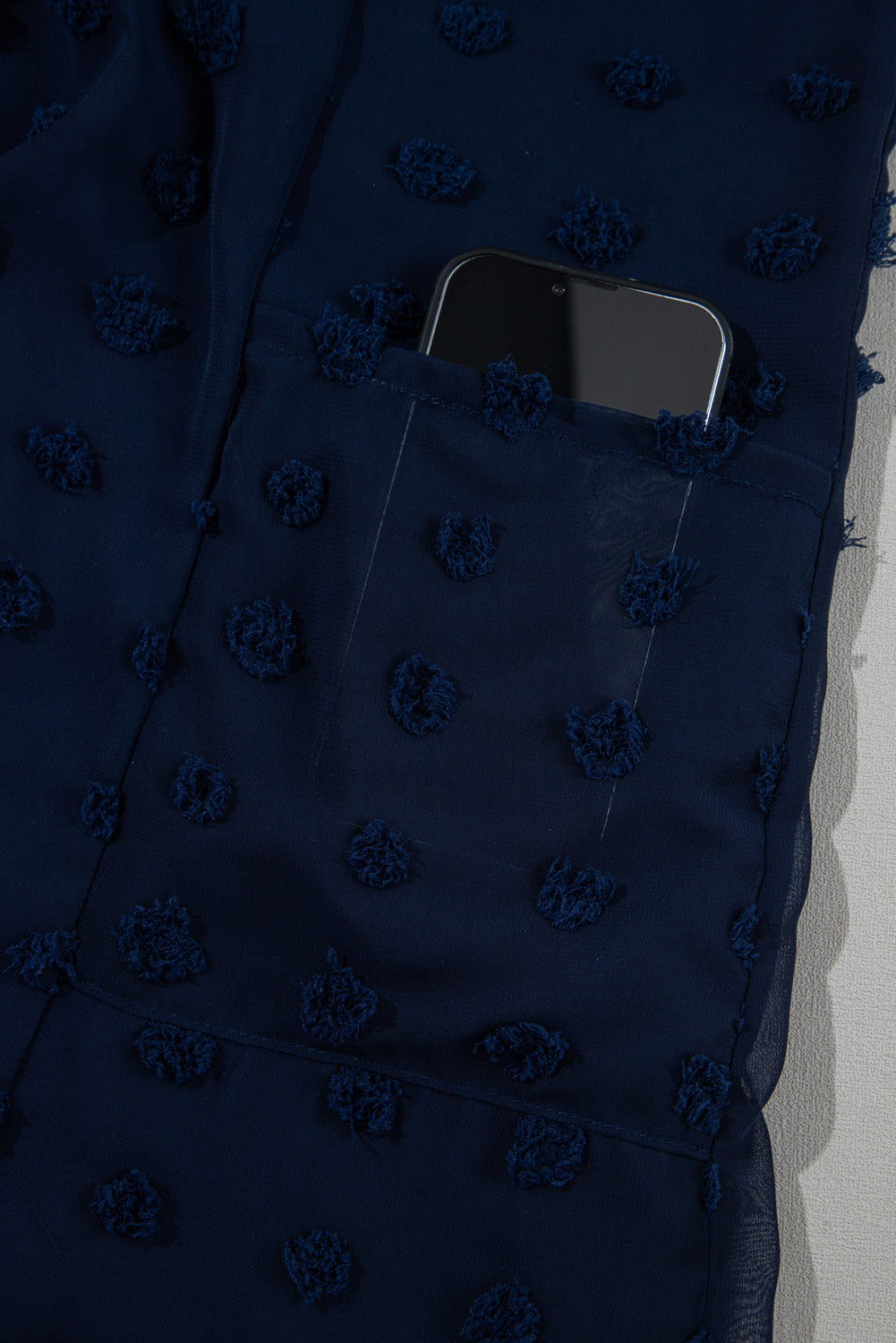 Navy Blue Dotty Textured Notched Neck Plus Ruffled Dress Plus Size Mini Dresses JT's Designer Fashion