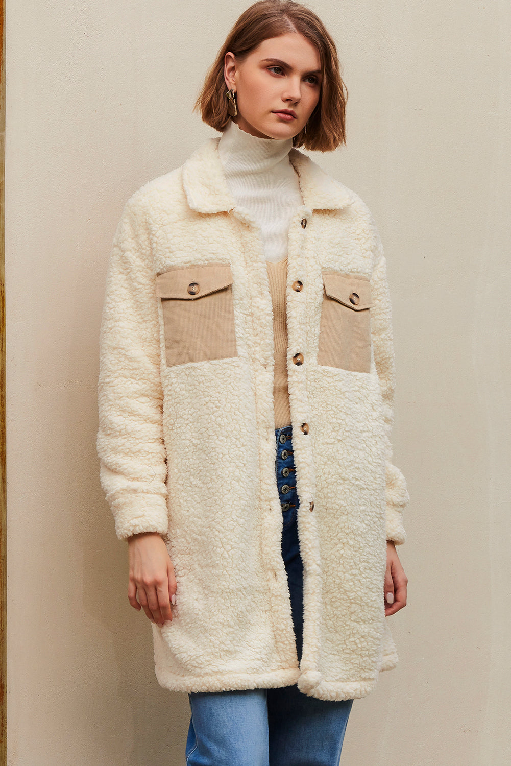 Beige Contrast Flap Pocket Single Breasted Teddy Coat Coats JT's Designer Fashion