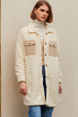 Beige Contrast Flap Pocket Single Breasted Teddy Coat Coats JT's Designer Fashion