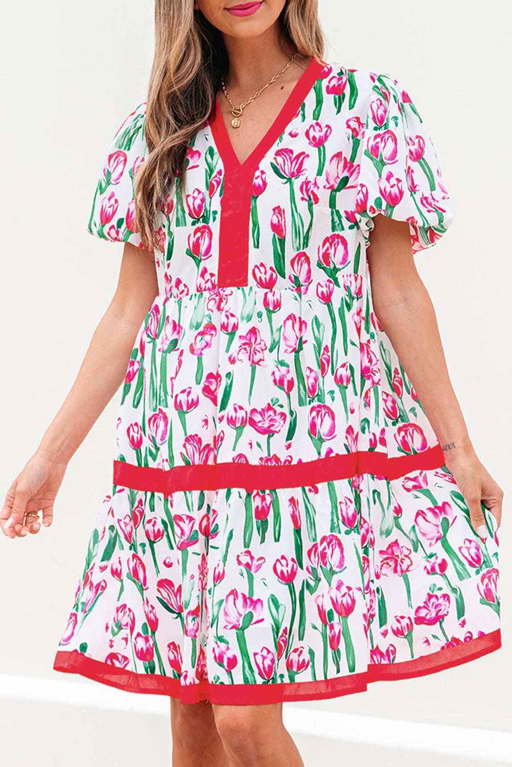 Pink Floral Print Contrast Trim V Neck Bubble Short Sleeve Babydoll Dress Floral Dresses JT's Designer Fashion