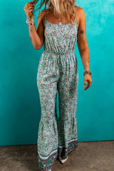 Green Bohemian Floral Ruffle Bottom Spaghetti Strap Jumpsuit Jumpsuits & Rompers JT's Designer Fashion