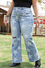 Sky Blue Star Printed Multi Buttons Slit Knee Destroyed Plus Size Jeans Plus Size Bottoms JT's Designer Fashion