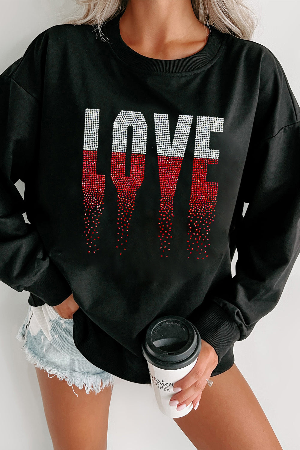 Black Rhinestone LOVE Graphic Crewneck Valentines Sweatshirt Graphic Sweatshirts JT's Designer Fashion