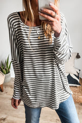 Gray Stripe Drop Sleeve Round Neck Oversized Long Sleeve Top Long Sleeve Tops JT's Designer Fashion