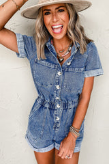 Dusk Blue Chest Pocket Front Buttoned Folded Edge Denim Short Sleeve Romper Jumpsuits & Rompers JT's Designer Fashion