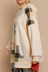 Khaki Plaid Patchwork Kangaroo Pocket Oversized Hoodie Sweatshirts & Hoodies JT's Designer Fashion