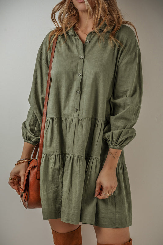 Jungle Green Puff Sleeve Buttoned Tiered Pleated Shirt Mini Dress Mini Dresses JT's Designer Fashion