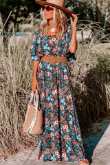 Sky Blue Floral Knotted Back Square Neck Maxi Dress Floral Dresses JT's Designer Fashion