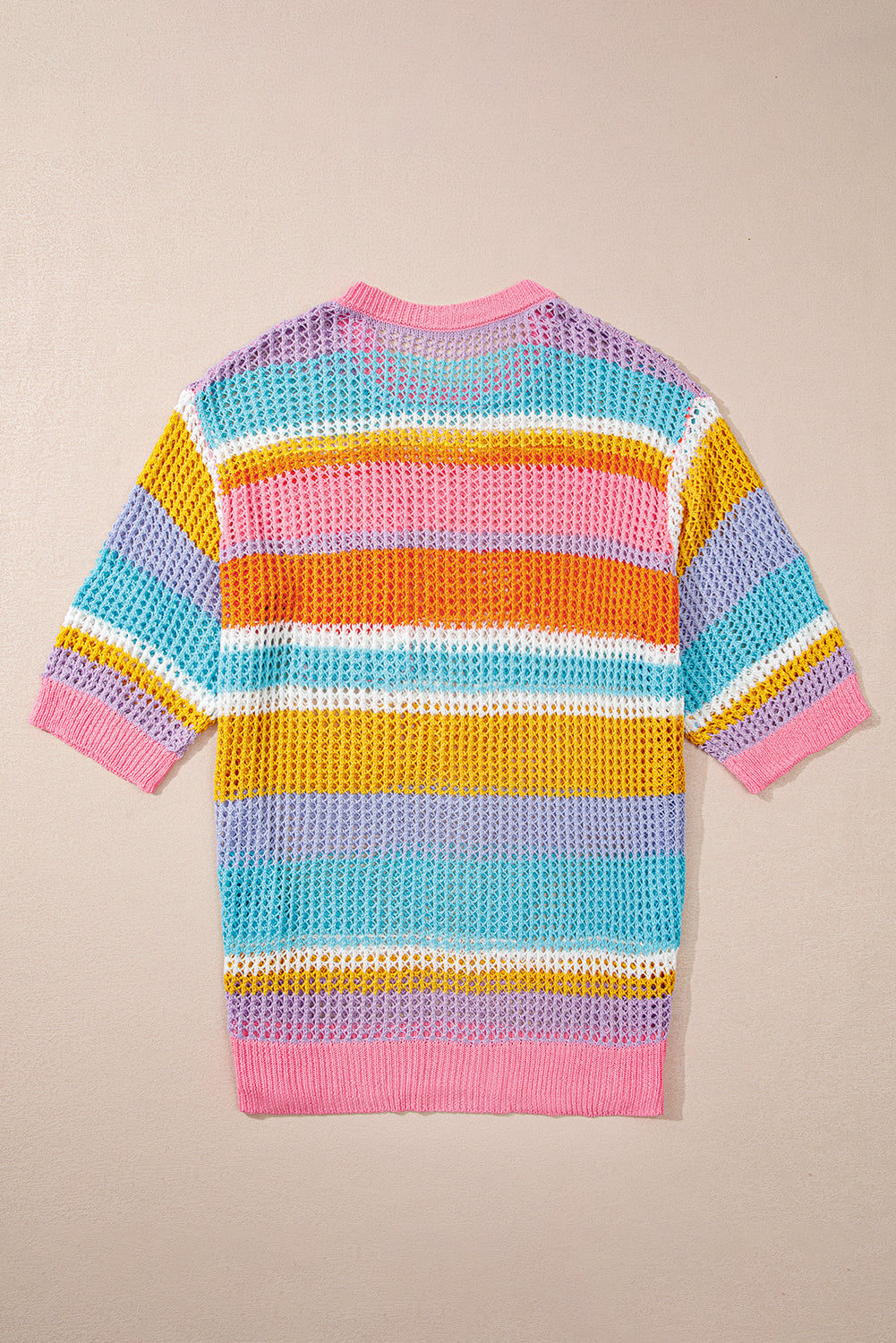 Pink Stripe Plus Size Open Knit Patch Pocket Short Sleeve Sweater Plus Size Sweaters & Cardigans JT's Designer Fashion