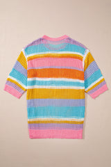 Pink Stripe Plus Size Open Knit Patch Pocket Short Sleeve Sweater Plus Size Sweaters & Cardigans JT's Designer Fashion
