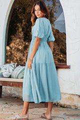 Light Blue Puff Sleeve Pleated High Waist Flowy Long Dress Maxi Dresses JT's Designer Fashion