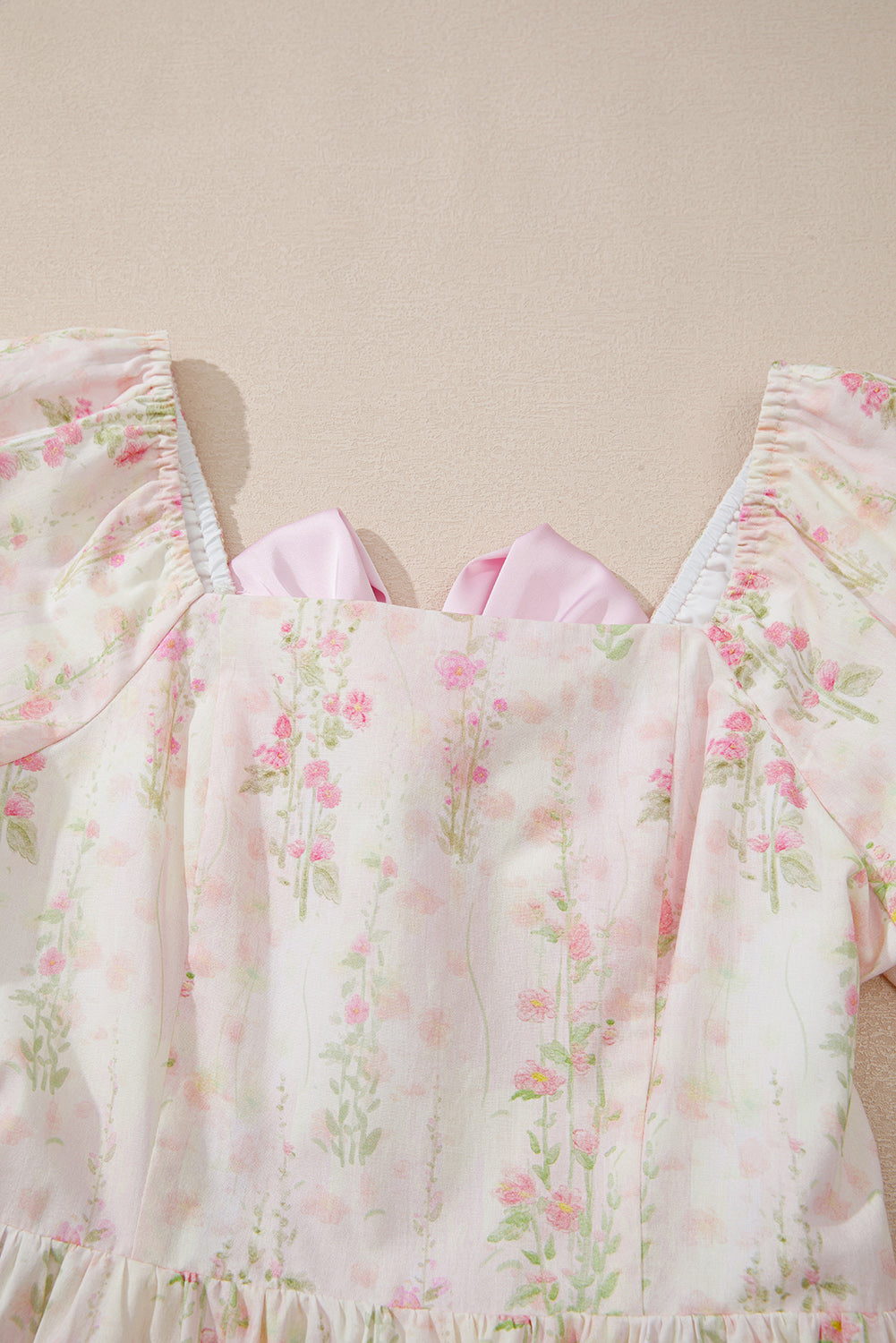 Pink Floral Puff Sleeve Square Neck Knotted Open Back Ruffled Mini Dress Floral Dresses JT's Designer Fashion