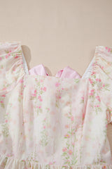 Pink Floral Puff Sleeve Square Neck Knotted Open Back Ruffled Mini Dress Floral Dresses JT's Designer Fashion