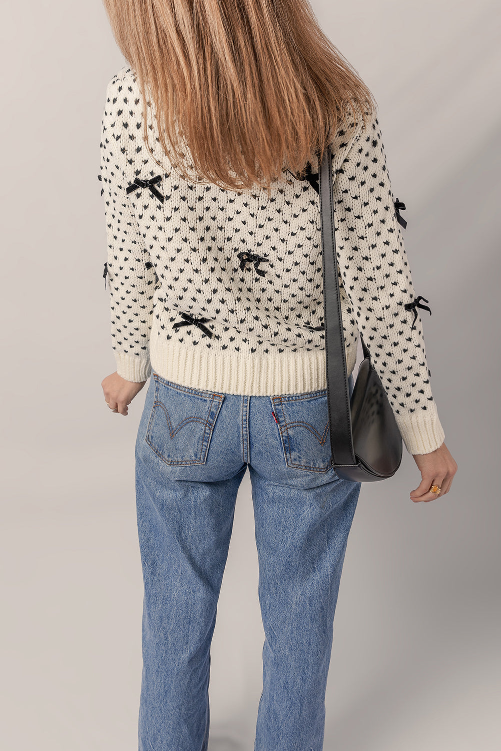 Beige Bow Decor Color Contrast Ribbed Edge Crew Neck Sweater Sweaters JT's Designer Fashion