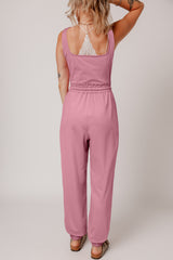 Light Pink Lace-up Elastic Waist Sleeveless Square Neck Jumpsuit Bottoms JT's Designer Fashion