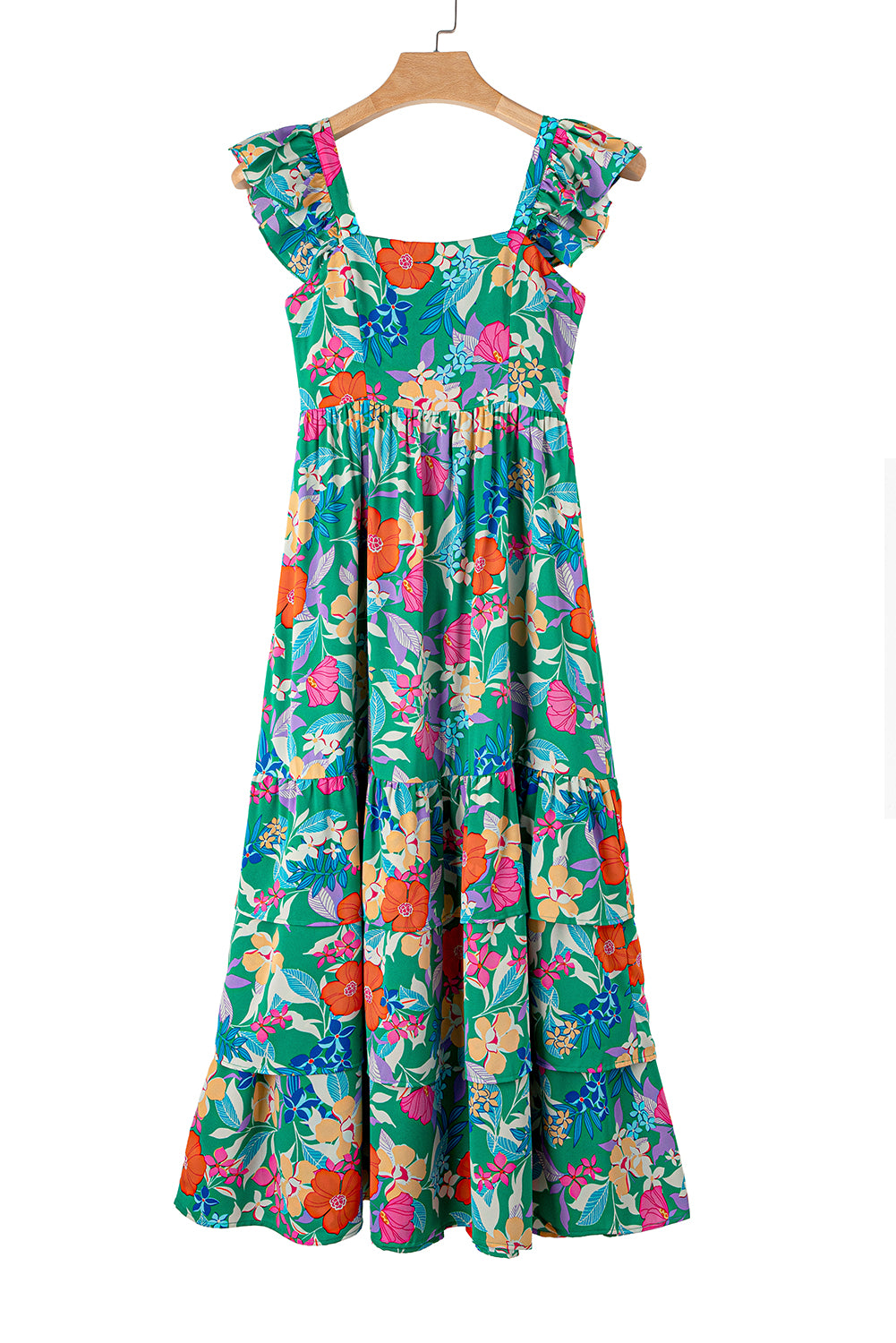 Green Floral Print Sleeveless Ruffle Tiered Maxi Dress Floral Dresses JT's Designer Fashion