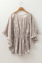 Gray Star Print Crinkle Textured Kimono Ruffle Sleeve Romper Bottoms JT's Designer Fashion