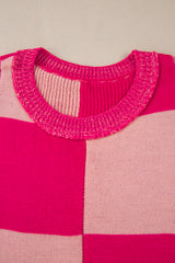 Rose Red Mixed Checkered Pattern Drop Shoulder Loose Sweater Sweaters JT's Designer Fashion