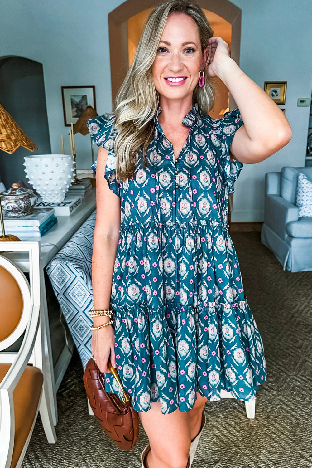 Blue Retro Floral Print Split Neck Ruffle Short Sleeve Dress Floral Dresses JT's Designer Fashion