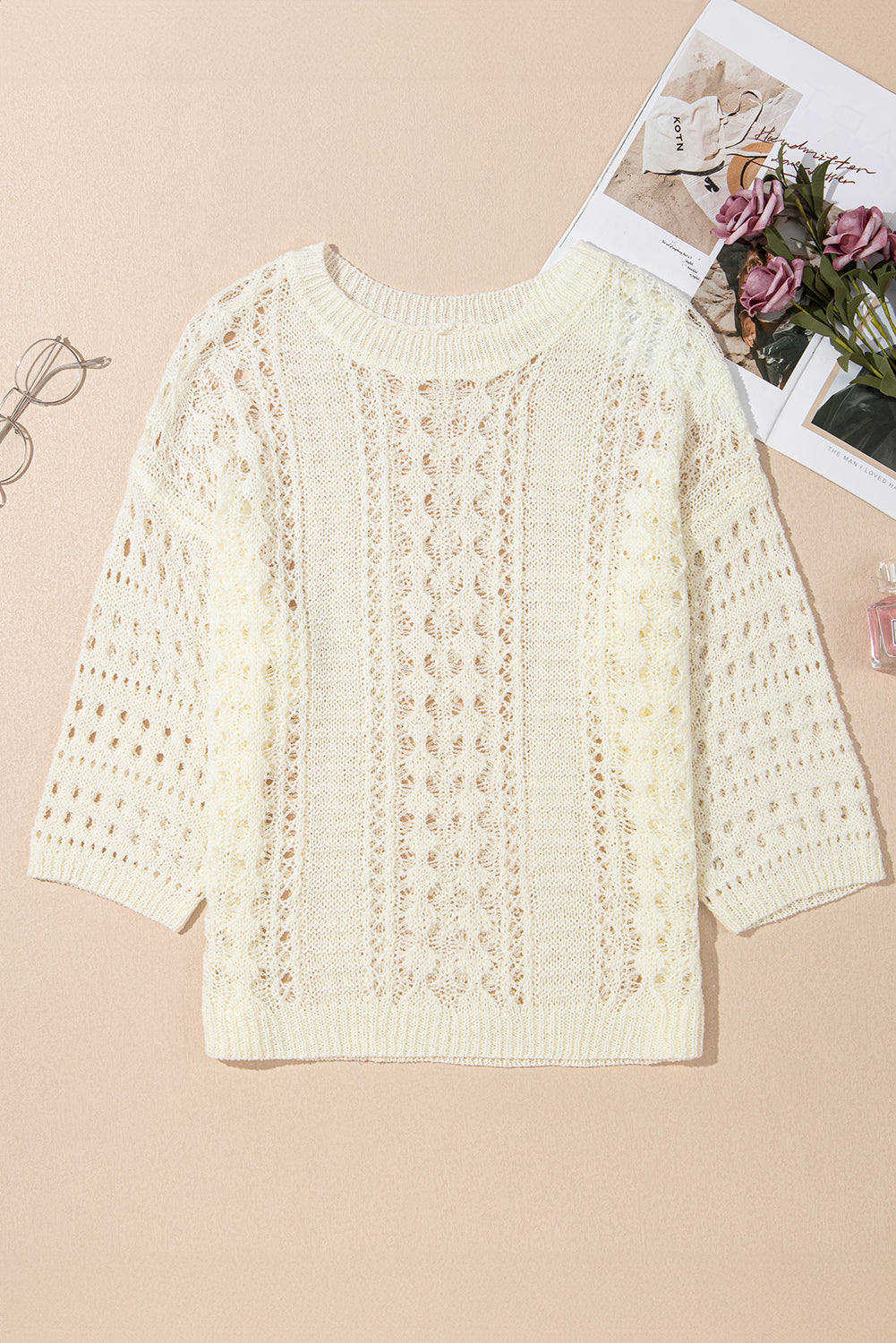 White Hollow Out Knit Bracelet Sleeve Drop Shoulder Sweater Sweaters JT's Designer Fashion