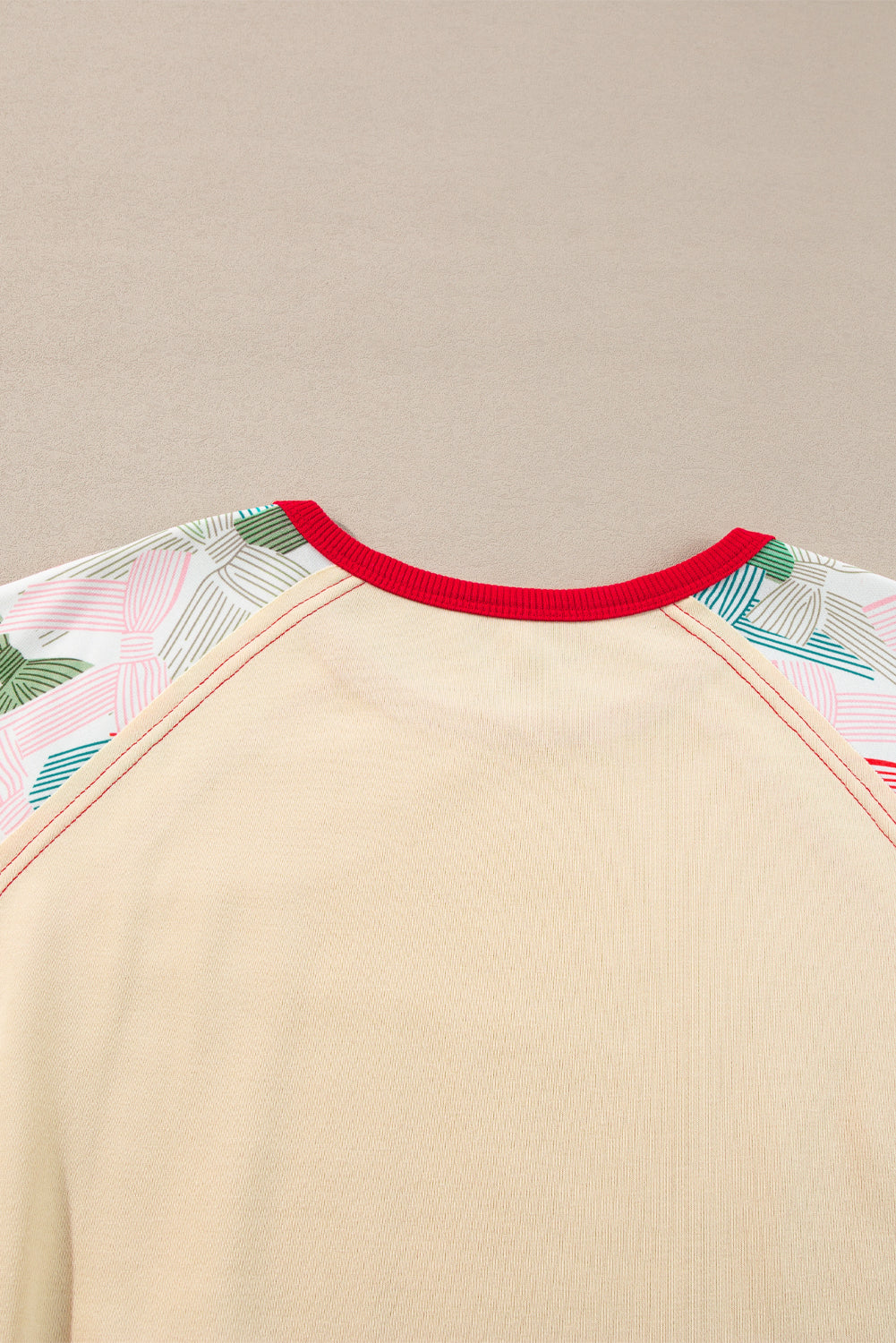Beige Bowknot Printed Patchwork Raglan Sleeve Colorblock Edge Top Long Sleeve Tops JT's Designer Fashion