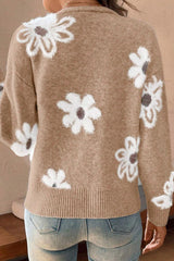 Smoke Gray Floral Print V Neck Knitted Button up Cardigan Cardigans JT's Designer Fashion