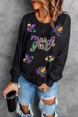Black Sequin mardi gras Fleur de Lis Graphic Pullover Sweatshirt Graphic Sweatshirts JT's Designer Fashion