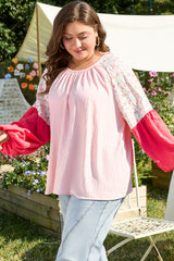 Pink Contrast Floral Patchwork Long Sleeve Plus Size Blouse Plus Size Long Sleeve Tops JT's Designer Fashion