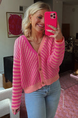 Pink Striped Buttoned V Neck Drop Shoulder Cardigan Cardigans JT's Designer Fashion