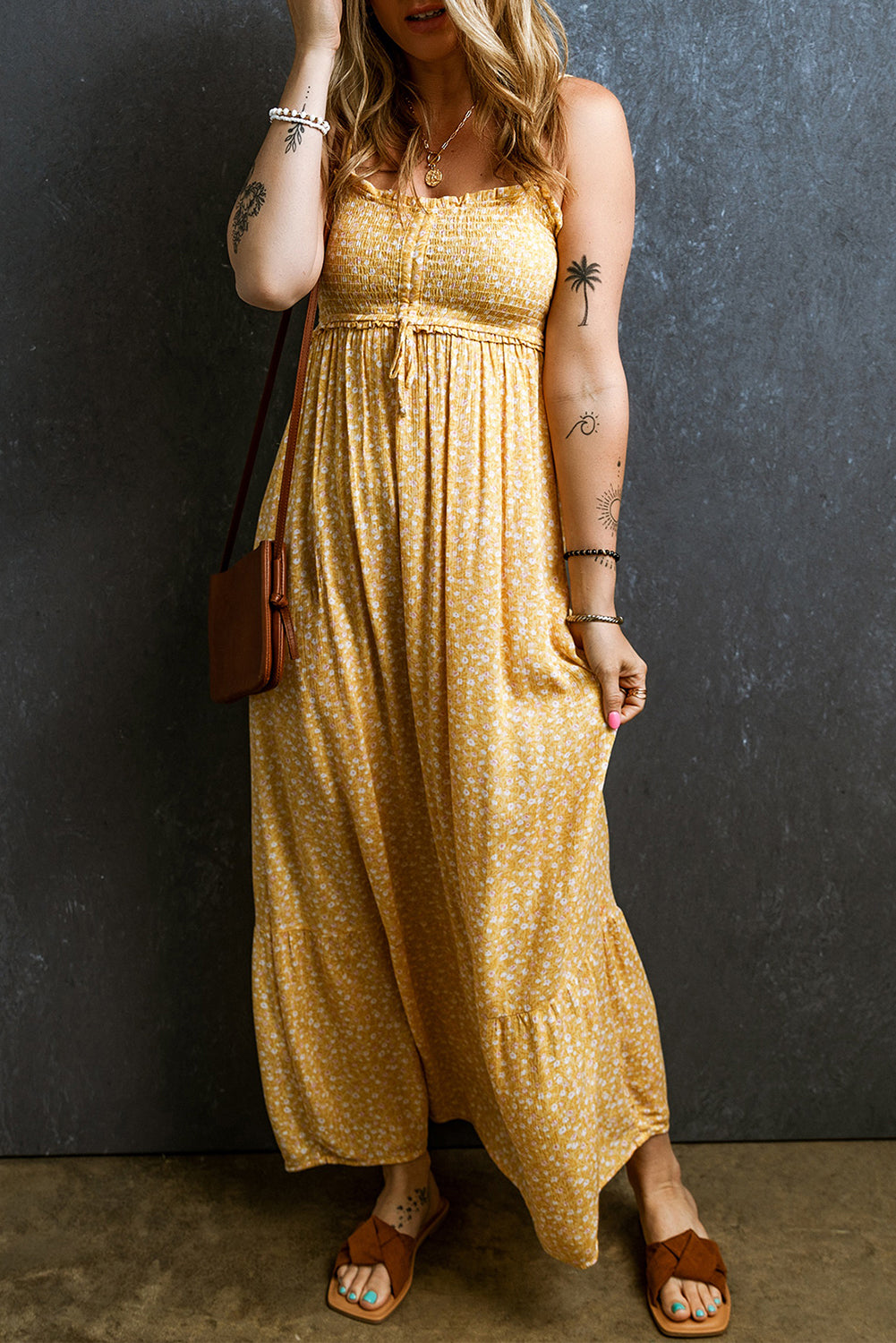 Yellow Frilly Smocked High Waist Floral Maxi Dress Dresses JT's Designer Fashion