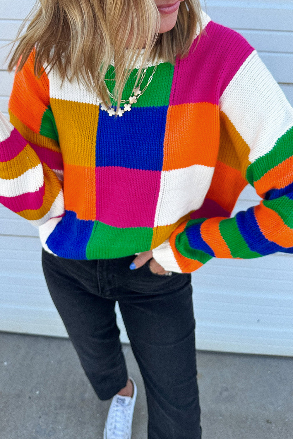 Orange Checkered Color Block Round Neck Loose Sweater Sweaters JT's Designer Fashion