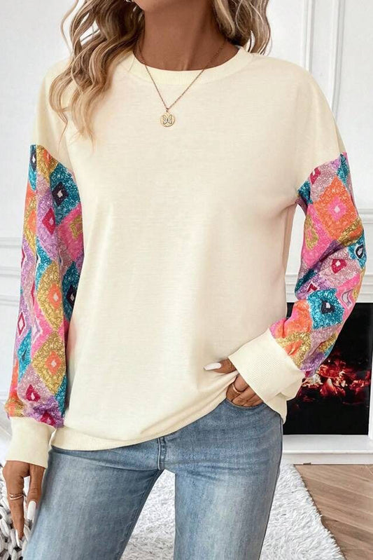 Apricot Geometric Printed Patchwork Long Sleeve Round Neck Top Long Sleeve Tops JT's Designer Fashion