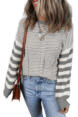 Gray Stripe Geometric Textured Drop Shoulder Sweater Sweaters JT's Designer Fashion