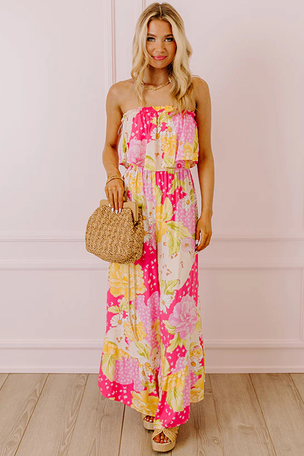 Multicolour Floral Print Ruffled High Waist Tube Top Loose Jumpsuit Jumpsuits & Rompers JT's Designer Fashion