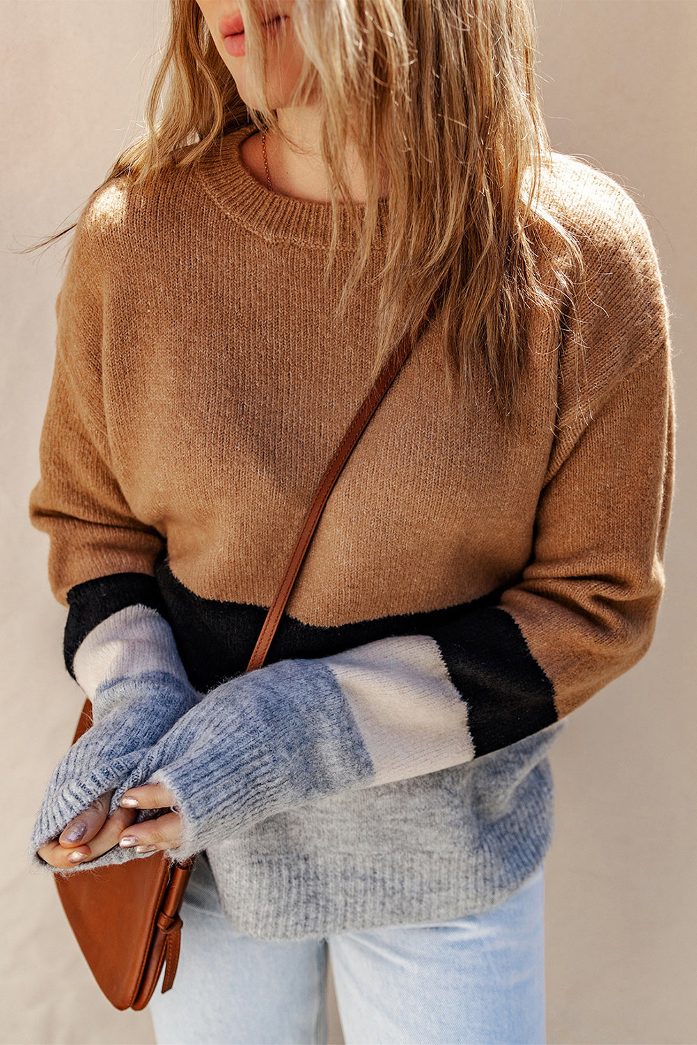 Brown Color Block Striped Ribbed Knit Sweater Sweaters JT's Designer Fashion