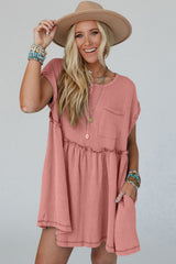 Dusty Pink Corded Knit Textured Patched Pocket Frilled Swing Mini Dress with Pockets Mini Dresses JT's Designer Fashion