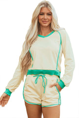 White Contrast Trim Colorblock Long Sleeve Pullover and Drawstring Shorts 2pcs Outfit Short Sets JT's Designer Fashion
