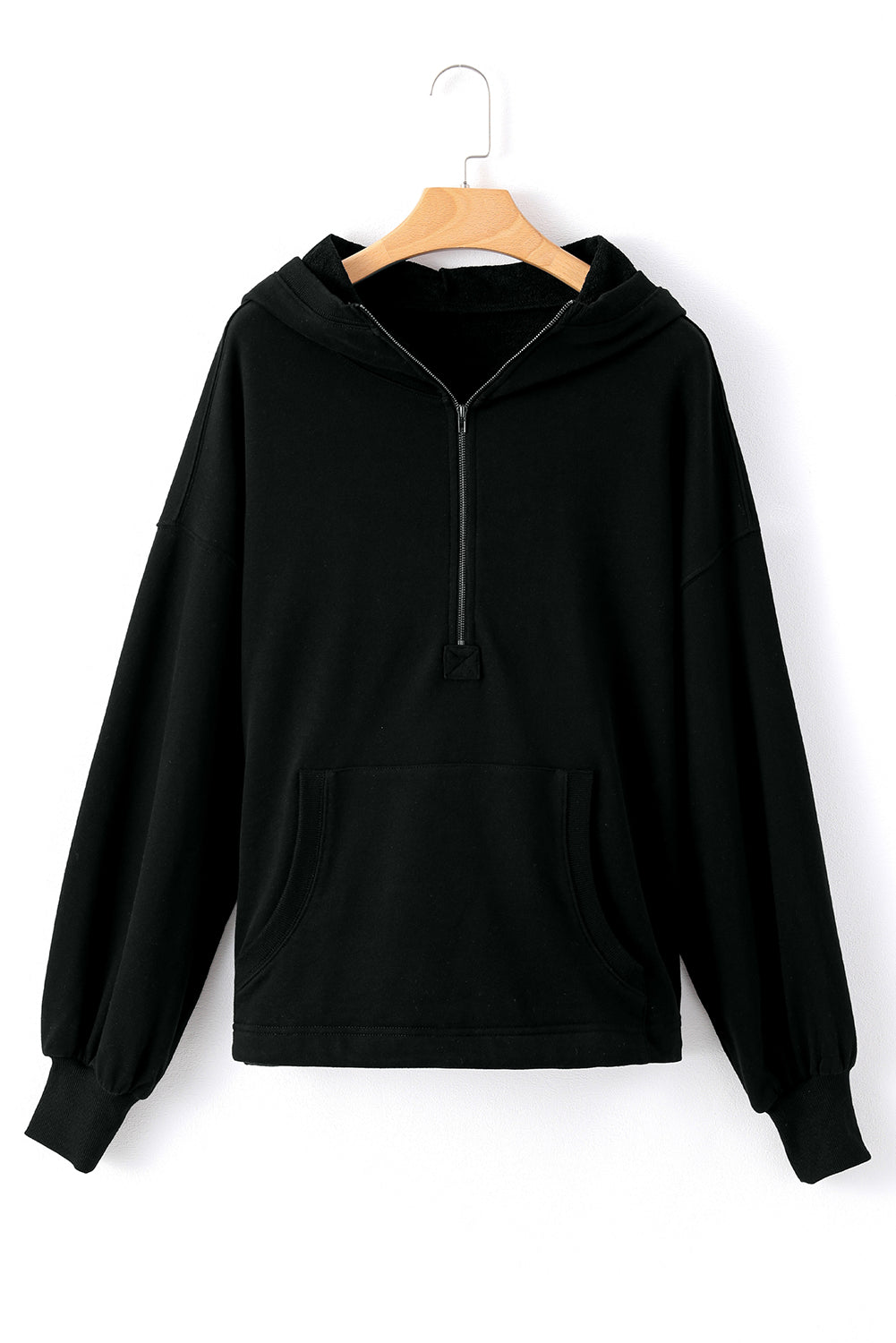 Black Solid Kangaroo Pocket Half Zipper Oversized Hoodie Sweatshirts & Hoodies JT's Designer Fashion