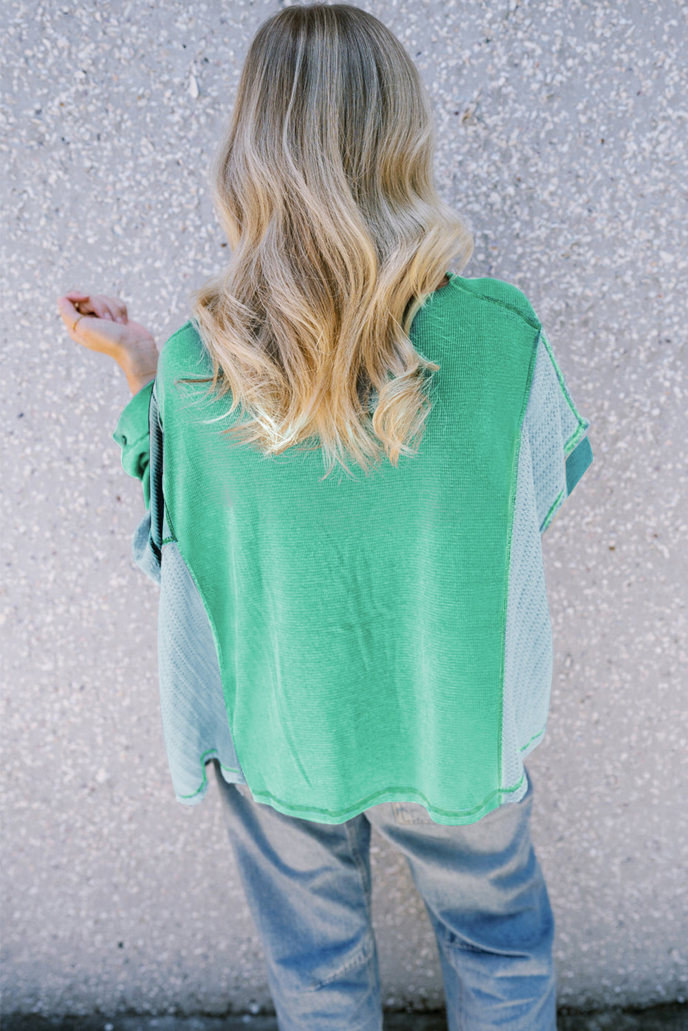 Green Colorblock Stitching Patchwork Buttoned Long Sleeve Top Long Sleeve Tops JT's Designer Fashion