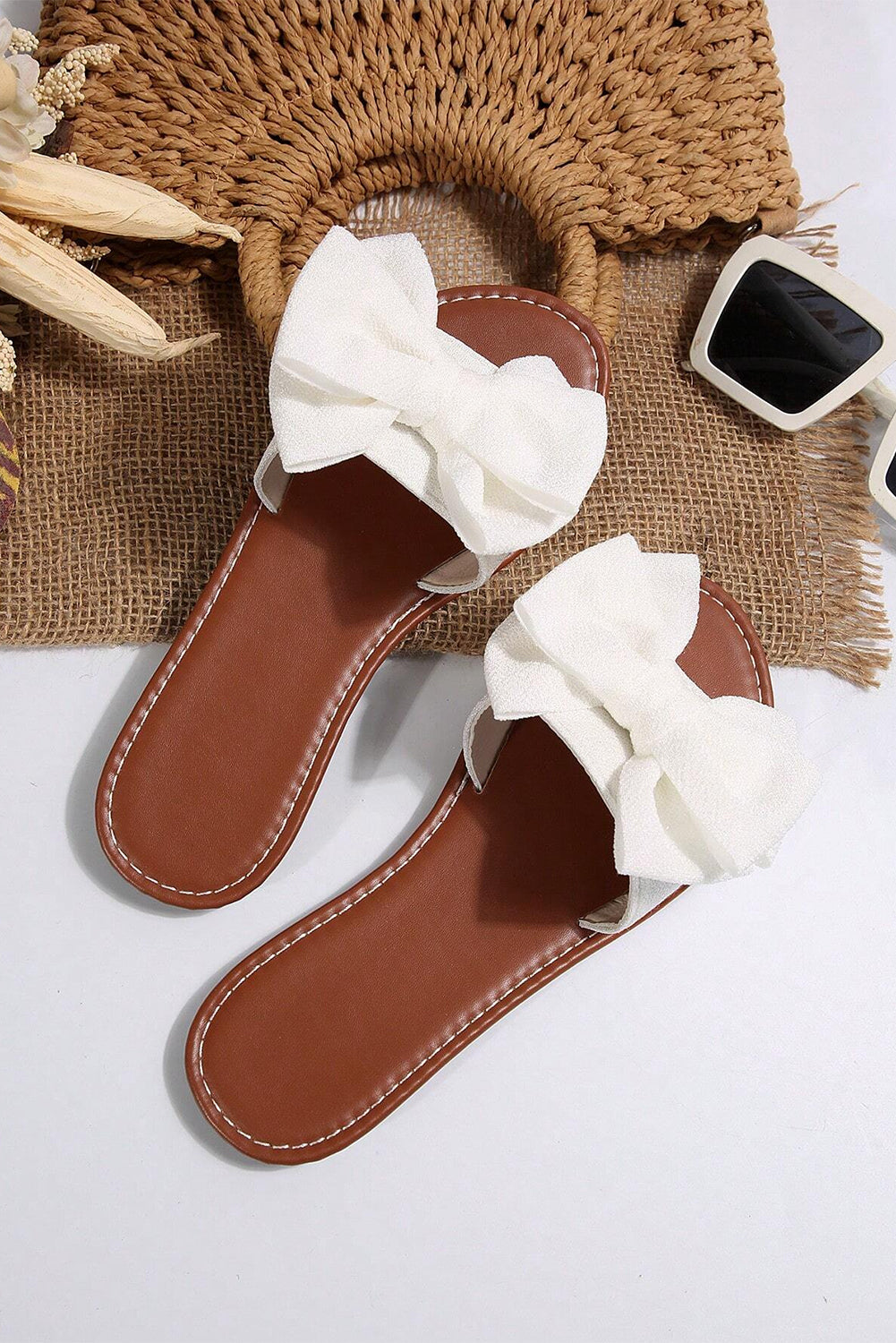 White Bow Knot Decor Leather Insole Flat Slippers Slippers JT's Designer Fashion